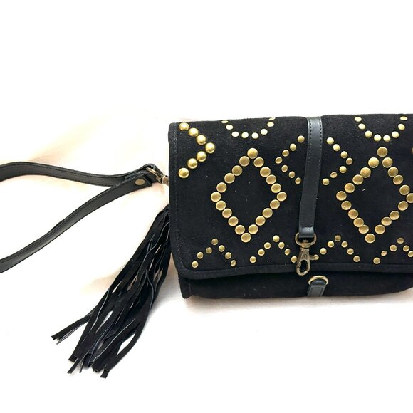 BLACK SUEDE CLUTCH OR CROSS BODY WITH GOLD STUDS A - Picture 1 of 10